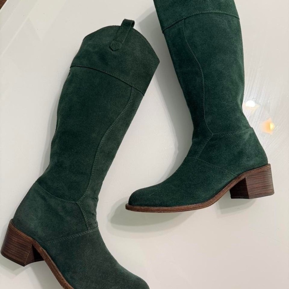 Hoss Intropia Green Suede Tall Boots Leather Lined Block Heel Size 38